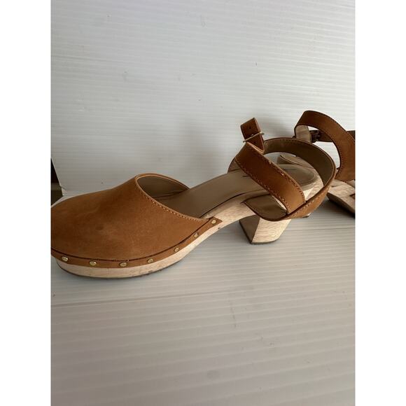 LOFT Tan Beige Leather Wood Heel Platform Ankle Strap Clogs 8 M - Picture 3 of 8